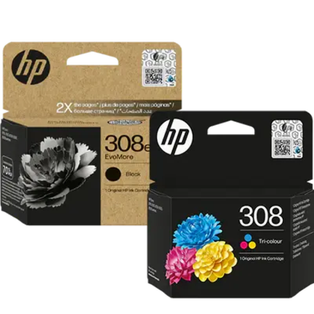זוג ראשי דיו מקוריים: HP 308e שחור + HP 308 צבעוני