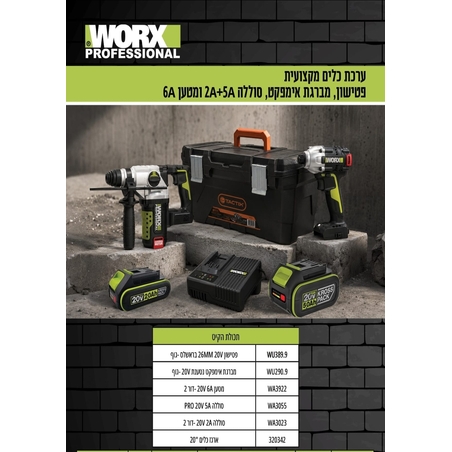 ערכת WORX 20V – מברגת אימפקט + 2 סוללות 2Ah + מטען + ארגז
