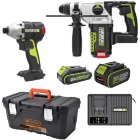 ערכת WORX Professional 20V – פטישון Brushless + אימפקט + סוללות ומטען