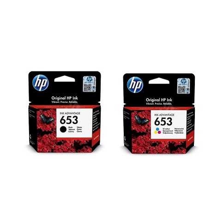 זוג ראשי דיו מקוריים: HP 653 שחור + HP 653 צבעוני