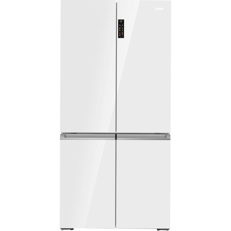 מקרר 4 דלתות מקפיא תחתון 681 ליטר Haier HRF 825FW עם יצרן קרח חשמלי והתקן שבת מובנה - גימור זכוכית לבנה