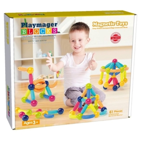 משחק מגנטים מוטות וכדורים דקים 61 חלקים PLAYMAGER