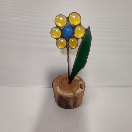 פרח זכוכית צהוב בסיס עץ