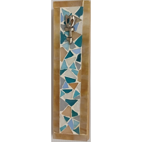 מזוזה עץ פסיפס דגם כחול בז'