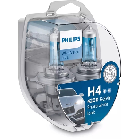 זוג נורות PHILIPS WHITE VISION ULTRA 55W 12V H4