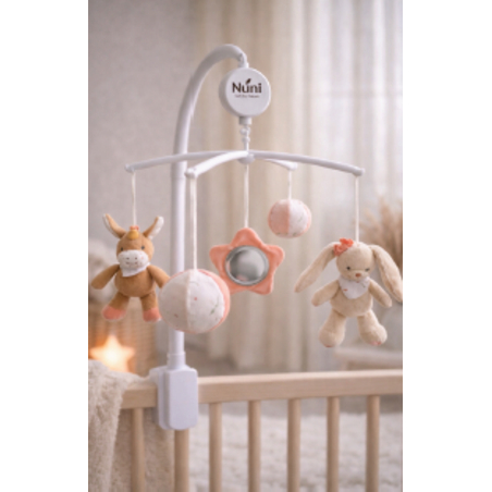 מובייל מנגן NUNI – דמויות ארנב, חמור וכדורי בד רכים עם מנגינה מרגיעה