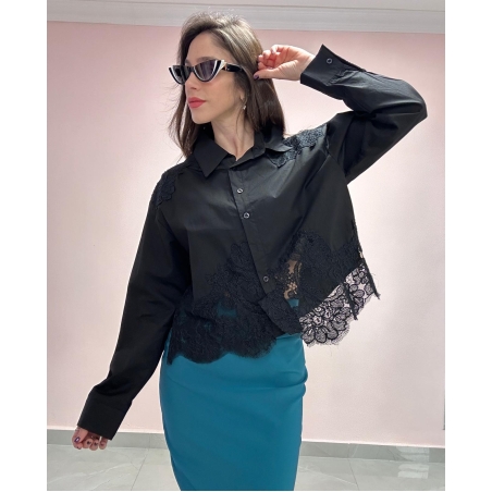 חולצה מכופתרת תחרה מילייה - שחור