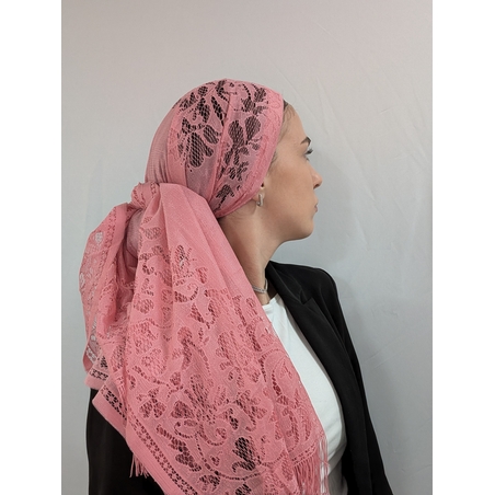 מטפחת לונג תחרה עם פרנזים - ורוד