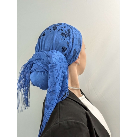 מטפחת לונג תחרה עם פרנזים - כחול רויאל