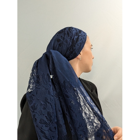 מטפחת לונג תחרה עם פרנזים - כחול נייבי