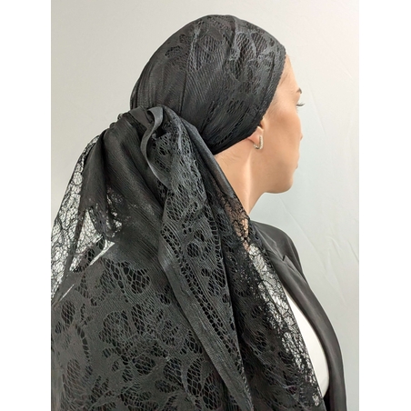 מטפחת לונג תחרה עם פרנזים - שחור