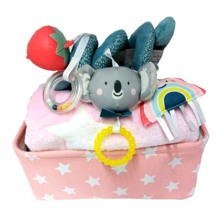62# - אושר ענוג לבת : מתנה ליולדת - קופסת צעצועים, שמיכה רכה לתינוקת, ספירלת קואלה משגעת לסלקל/ עגלה עם קופסת תות