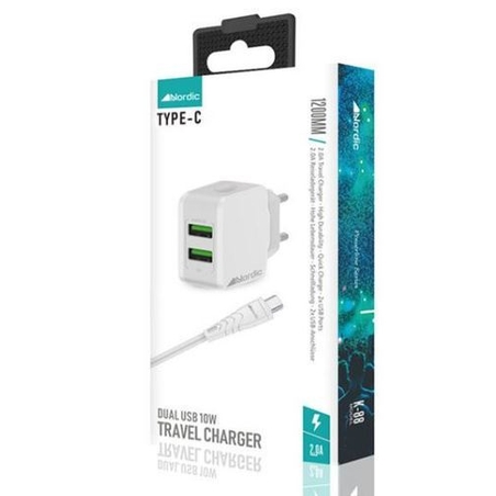 מטען מהיר עם זוג יציאות USB וכבל USB-C מבית Nordic