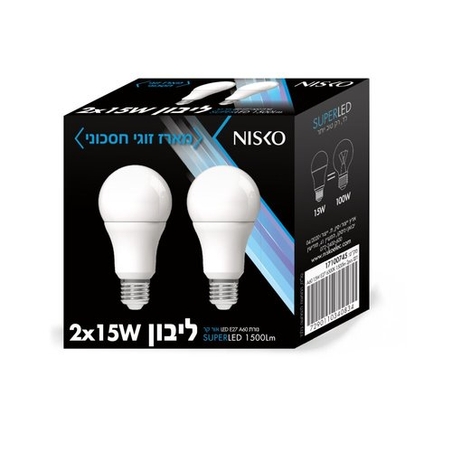 זוג נורות ליבון לד לבן E27 15W אור קר 6500K NISKO