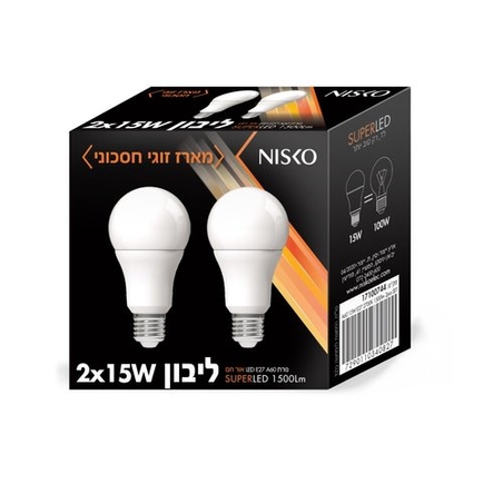 זוג נורות ליבון לד לבן E27 15W אור חם NISKO 2700K