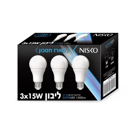 שלישיית נורות ליבון לד חלבית E27 15W אור קר 6500K NISKO