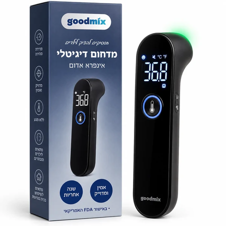 ALT: מדחום אינפרא אדום דיגיטלי GoodMix למדידת חום ללא מגע, לצד האריזה.