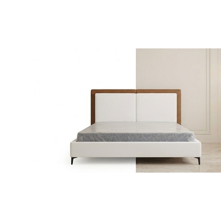 Modern White Bed Frame with Leather-Trimmed Headboard