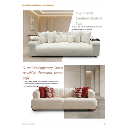 Contemporary Cream Boucle and Terracotta Accent Sofa