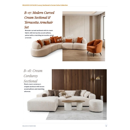 Modern Curved Cream Sectional and Terracotta Armchair Set