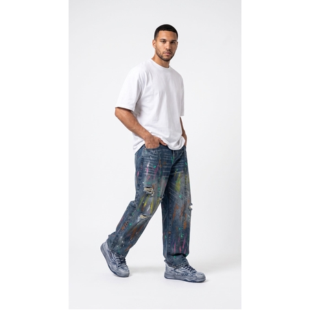 ג'ינס Baggy קרעים וצבע  כחול גינס