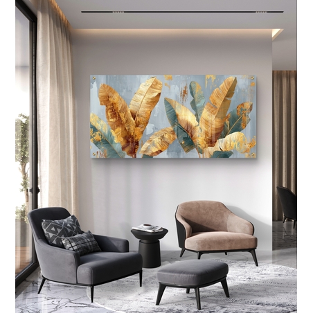 תמונת זכוכית לרוחב עם עלי בננה זהובים וטורקיז על רקע אפור-כחלחל בעיצוב מודרני יוקרתי