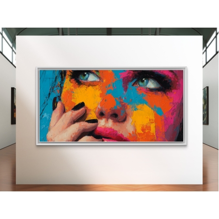 תמונת קנבס לרוחב של אישה צבעונית בגווני כתום, ורוד וטורקיז בעיצוב אמנותי מודרני מקולקציית NEXTGEN BY BAR מבית תכשיט לבית