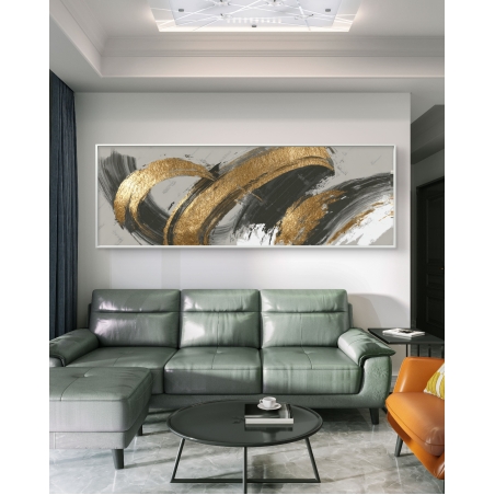 תמונת קנבס פנורמית בסגנון אבסטרקט בגווני שחור ואפור עם משיכות זהב רחבות, מודפסת בהדפסה חלקה על קנבס איכותי.