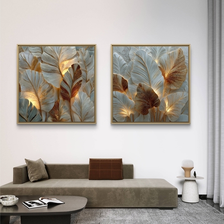זוג תמונות קנבס עלים זוהרים בגווני פנינה, זהב ושמפניה – דגם SB6302