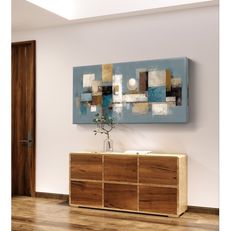 תמונת קנבס לרוחב בסגנון אבסטרקט גאומטרי בגווני כחול ובז’ לעיצוב הבית