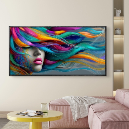 תמונת קנבס רוחבית עם דיוקן נשי ושיער צבעוני זורם, בעיצוב מודרני והדפסה חלקה ואיכותית.