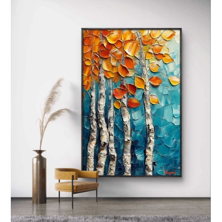 תמונת קנבס של עצים עם גזעים לבנים ועלי שלכת כתומים על רקע טורקיז, בציור טקסטורה עבה ומודגשת בסגנון מודרני.