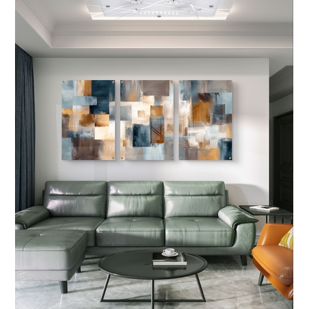 סט שלישייה של תמונות זכוכית אבסטרקטיות בגווני תכלת, שמנת וחום בעיצוב גאומטרי מודרני