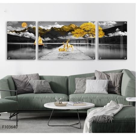 תמונה מעוצבת יוקרתית לפינת אוכל או לסלון בתלת מימד מחולקת ל3 חלקים לסלון או למשרד מודפסת על זכוכית דגם F103640