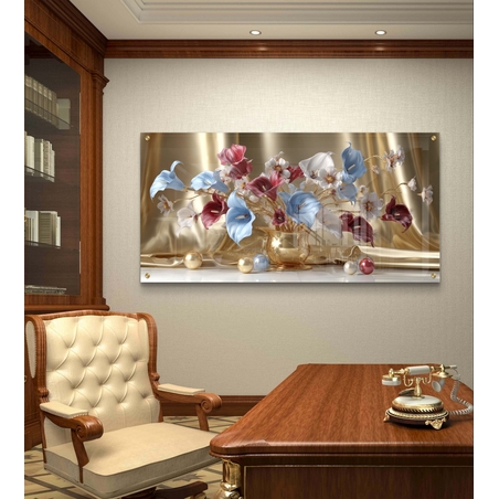 תמונת זכוכית לרוחב עם סידור פרחים מוזהב בגווני ורוד, כחול ולבן על רקע זהוב בהדפסה חלקה