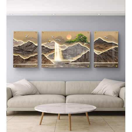 תמונה מחולקת לשלושה חלקים על זכוכית בעיצוב נוף הררי עם מפל מים, שמש שוקעת וציפורים – יצירה אלגנטית ומרשימה לעיצוב הבית