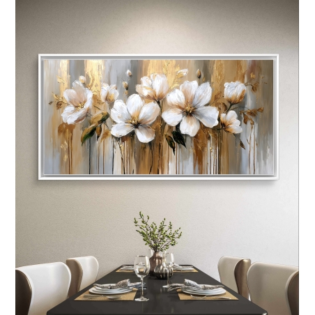 תמונת קנבס Golden Harmony – פרחים לבנים בעיצוב מופשט עם נגיעות זהב ואפור