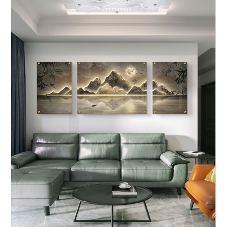 סט שלוש תמונות זכוכית אמנותיות עם נוף הרים מוזהב, השתקפות במים ואלמנטים של ירח ובמבוק – מתוך קולקציית תכשיט לבית