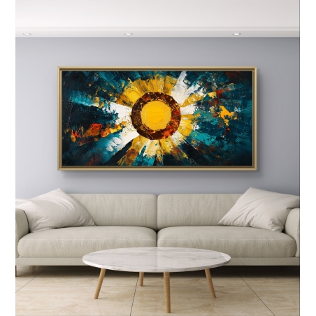 תמונת קנבס מופשטת לרוחב עם שמש במרכז המתפרצת בצבעים עזים של צהוב, טורקיז, לבן ואדום על רקע דרמטי