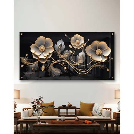 תמונת זכוכית פרחים מוזהבים לפינת אוכל או לסלון דגם 2592315