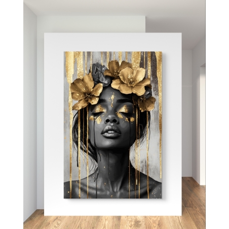 תמונת קנבס מרהיבה המציגה דיוקן אישה עם פרחי זהב בשיערה, בעיצוב מודרני ויוקרתי המתאים לעיצוב חללי הבית בסגנון עוצמתי ואלגנטי.
