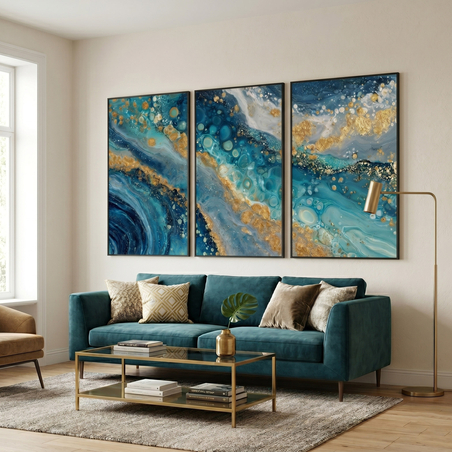 שלשת תמונות קנבס אבסטרקטיות בגווני טורקיז, כחול וזהב – דגם TA1361