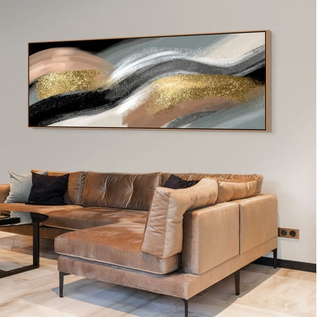 ציור קיר פנורמי דרמטי עם קווים זורמים וזהב מנצנץ