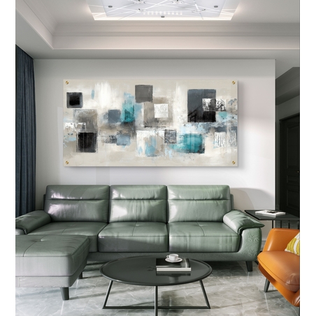 תמונת זכוכית לרוחב עם ריבועים אבסטרקטיים בגווני שחור, אפור וטורקיז על רקע בהיר – תכשיט לבית