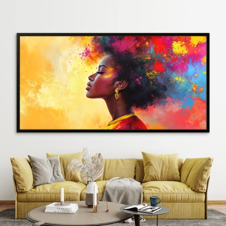 תמונת קנבס צבעונית של דיוקן נשי עם רקע כתום-אדום וצבעים מתפרצים – עיצוב אמנותי מתוך קולקציית NEXTGEN BY BAR של תכשיט לבית.