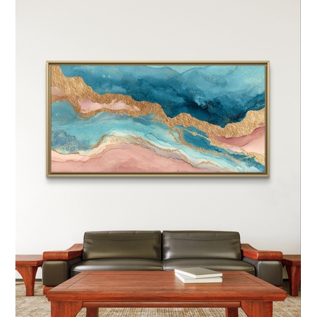 תמונת קנבס לרוחב בעיצוב אבסטרקטי עם זרימה בגווני תכלת, ורוד וקווים זהובים