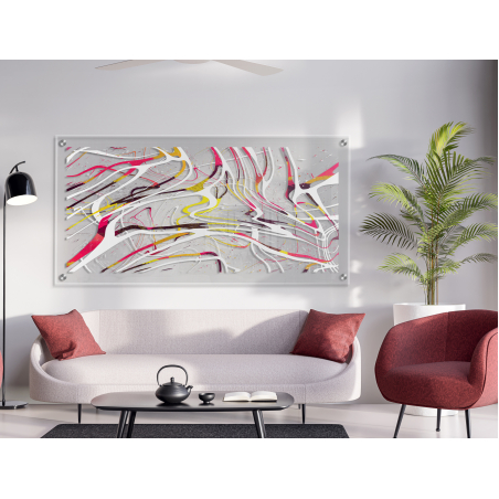 תמונת זכוכית ייחודית מופשט צבעוני עם רקע שקוף לסלון למשרד או לחדר עבודה דגם C1825