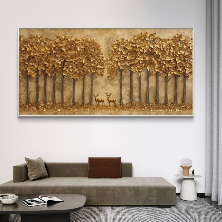 תמונת קנבס המציגה יער זהוב ושני איילים עדינים על רקע טבעי חמים, עיצוב יוקרתי לחלל הבית.
