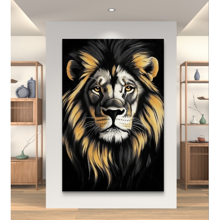 תמונת קנבס של אריה בגוונים של זהב ושחור עם עיצוב אלגנטי ומרשים.