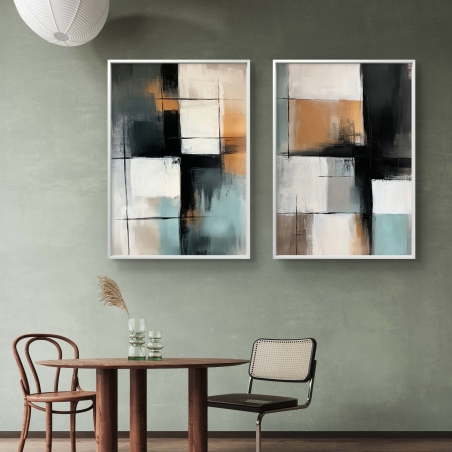 זוג תמונות קנבס בגווני שחור, לבן, בז', תכלת וחום בעיצוב גיאומטרי מופשט מתוך הקולקציה של תכשיט לבית.